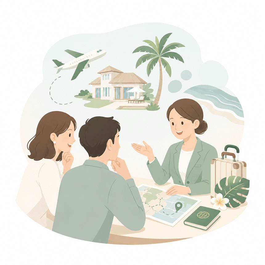 バリ島旅行の相談から出発までを案内するイラスト